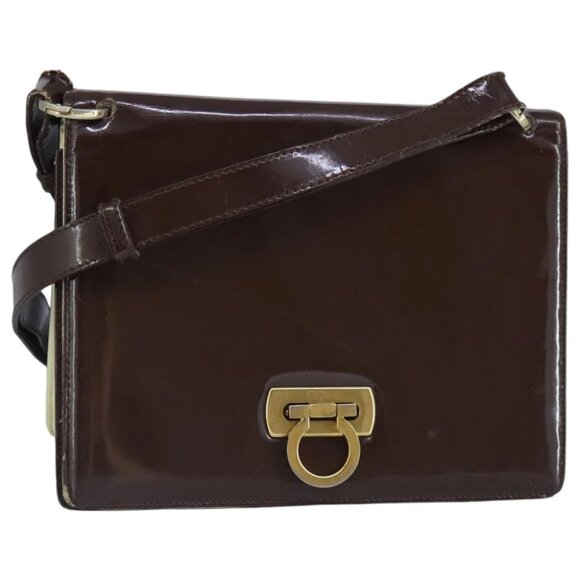 Salvatore Ferragamo Gancini Shoulder Bag Patent leather Brown Gold Auth 96961 - Picture 1 of 16